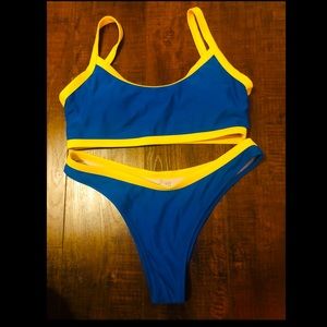 cobalt blue, yellow lined bikini set